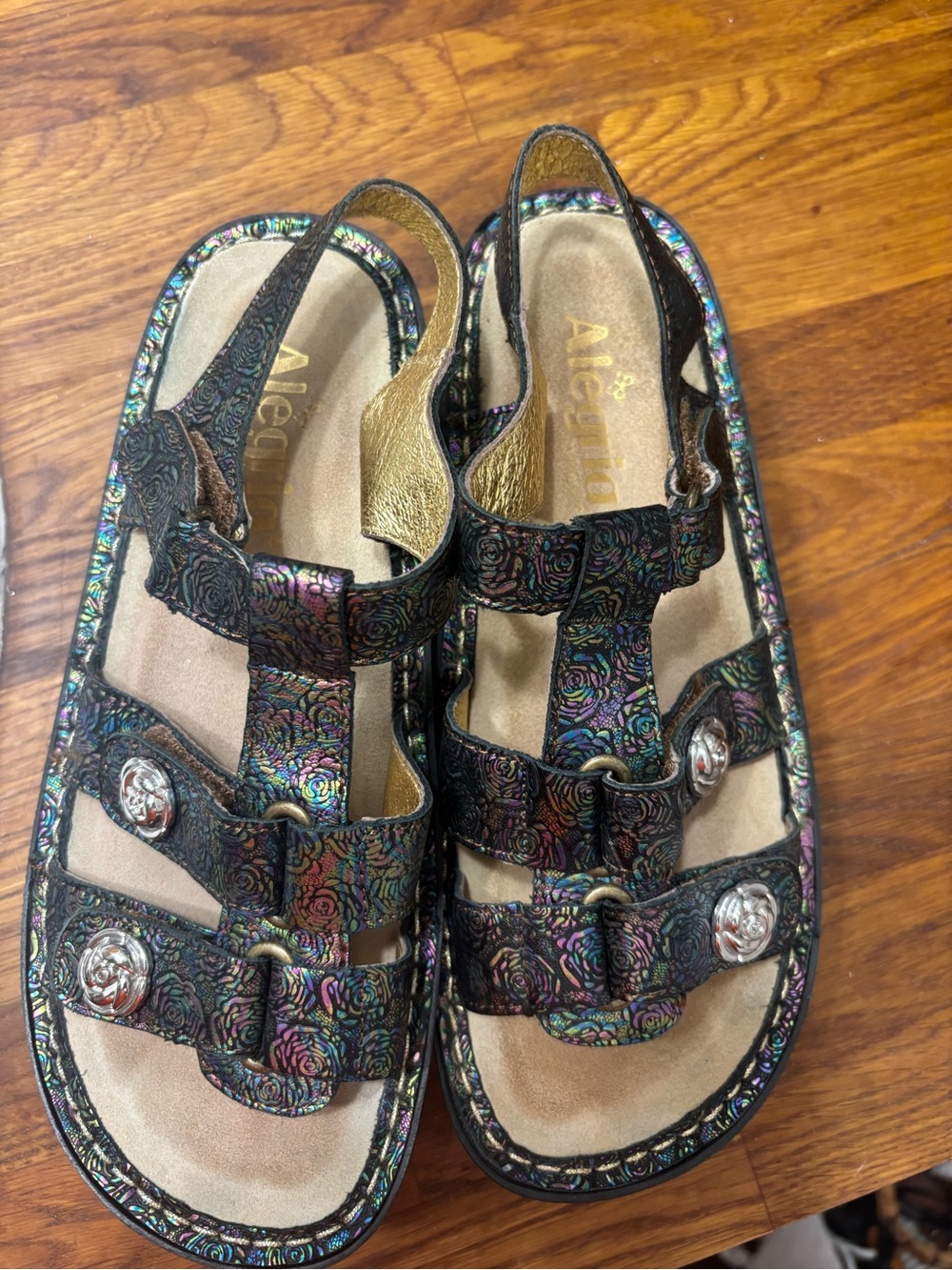 Alegria Multicolor Iridescent Floral Strap Slingbacks 36 EUC